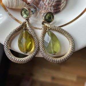 Gold Emerald Gem Dangle Earrings Long Statement Textured Brass